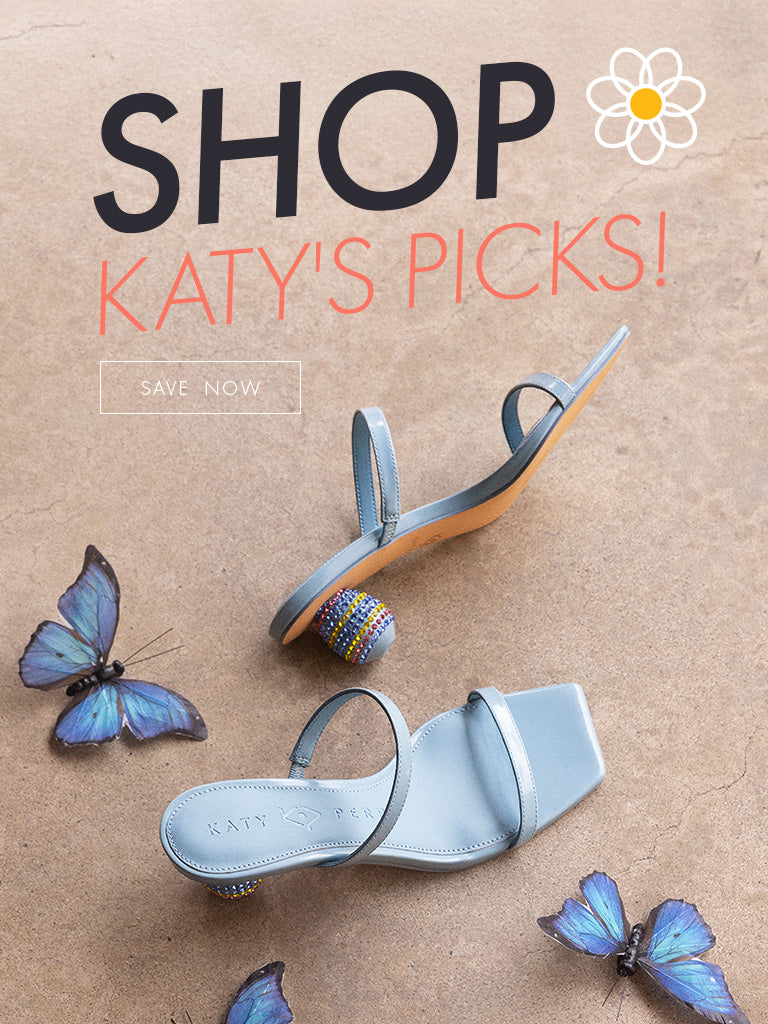 Blue sandals with a butterfly and copy that says Shop Katy's Picks